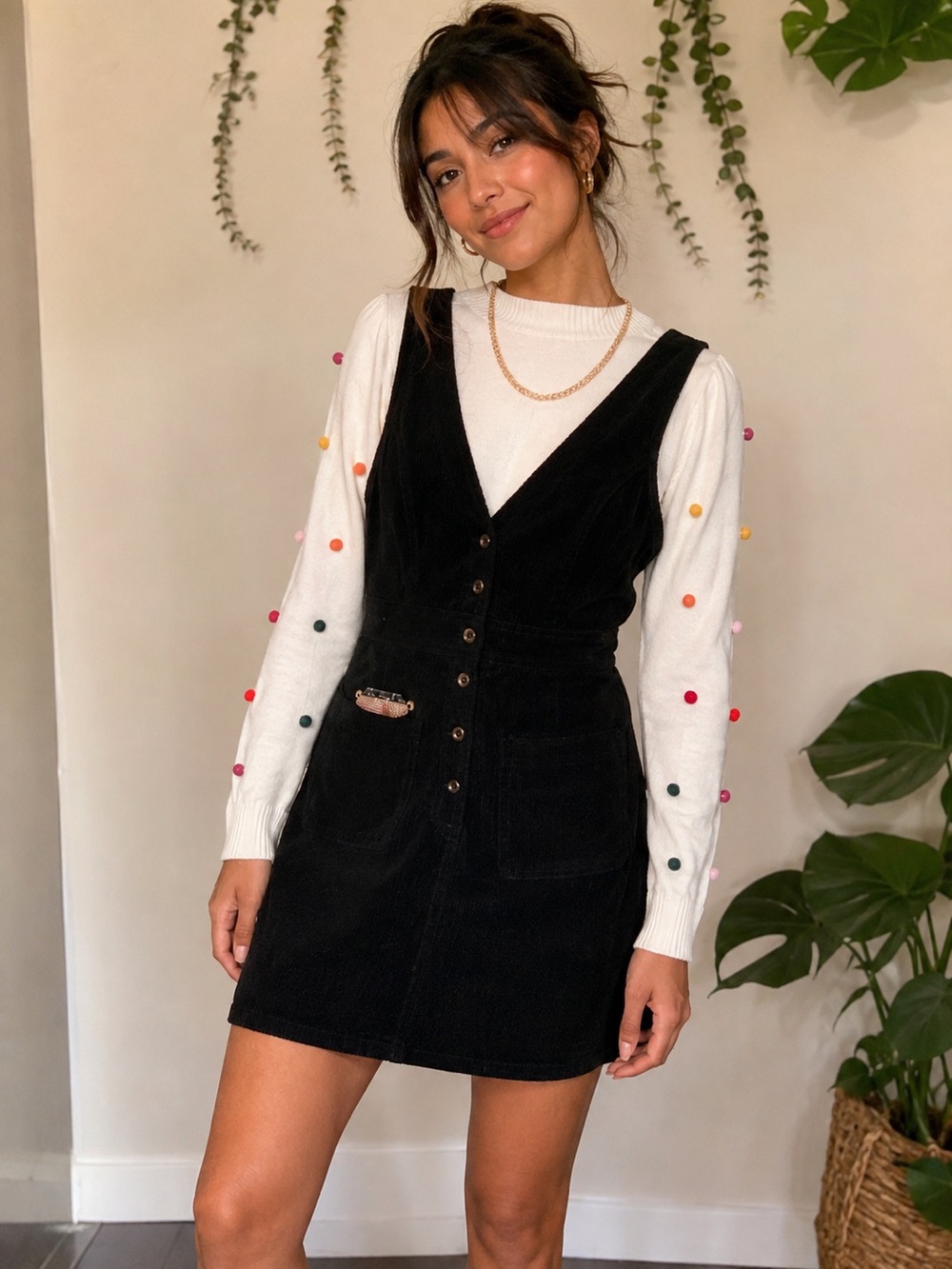 Women’s Black Corduroy Pinafore Mini Dress Button Front Preppy Dark Academia Fal